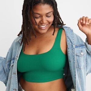 Aerie Green Holiday Best Lace Waffle Knit Longline Bralette, Size‎ Large
